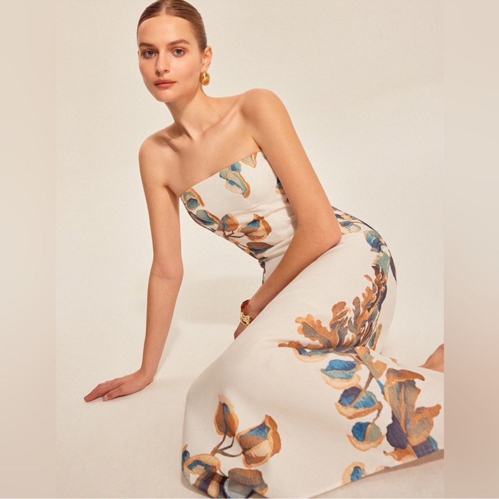 Commense Strapless Cream Dress with Blue and Brown Floral Print